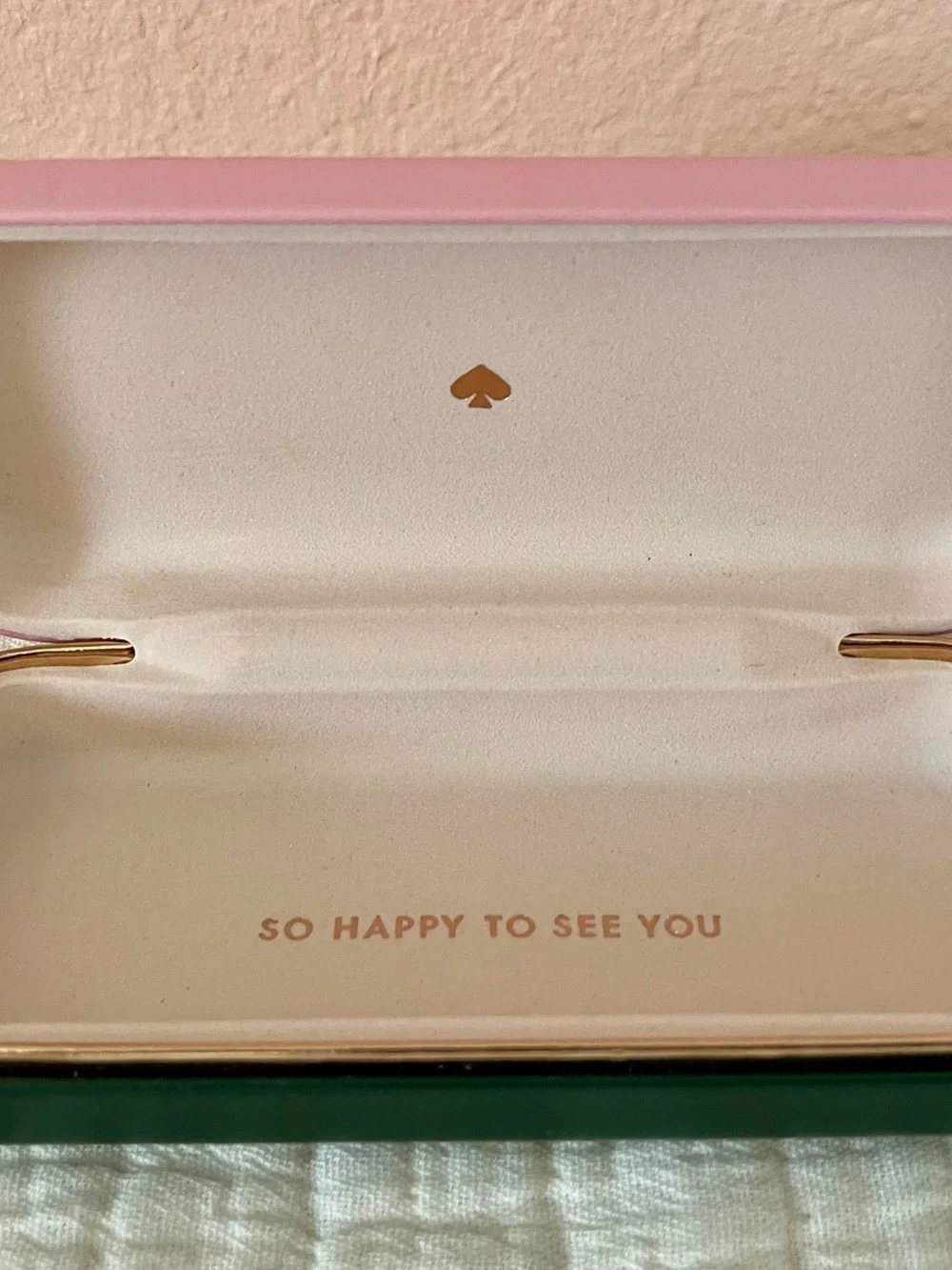 kate spade Gold Frame Eyeglasses with Mint Temples and Pink Case
